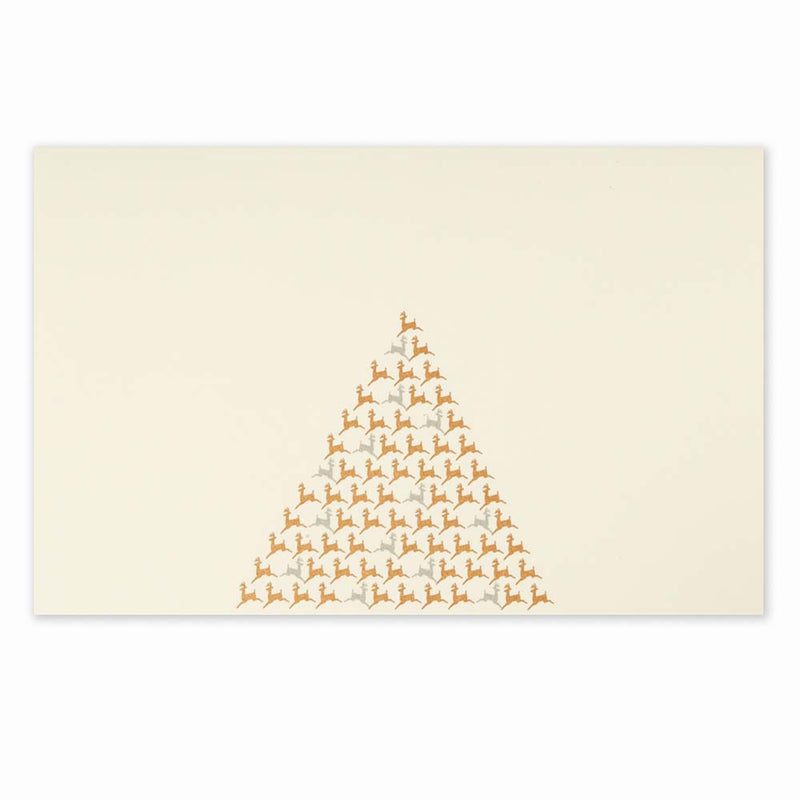 Elegant cream Christmas card decorated with a triangular pattern of small gold reindeer forming the shape of a Christmas tree.