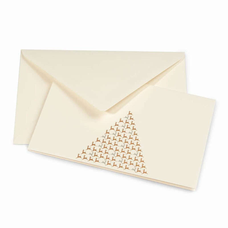 Elegant cream Christmas card decorated with a triangular pattern of small gold reindeer forming the shape of a Christmas tree, paired with a matching cream envelope.
