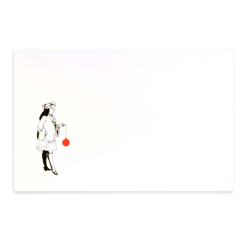 White Christmas card with a black illustration of a noble figure holding a large red Christmas ornament.