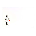 White Christmas card with a black illustration of a noble figure holding a large red Christmas ornament.