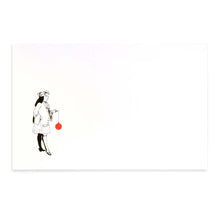 White Christmas card with a black illustration of a noble figure holding a large red Christmas ornament.