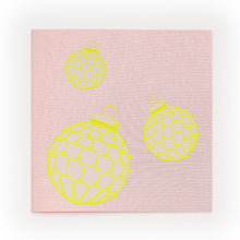 A pastel pink card featuring neon yellow baubles for a fresh and playful holiday design.