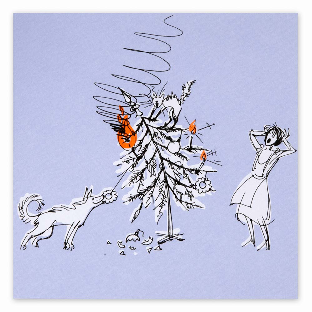 Humorous Christmas card on a light blue background showing a toppled Christmas tree, a playful dog, and a shocked woman reacting to the chaos.