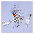 Humorous Christmas card on a light blue background showing a toppled Christmas tree, a playful dog, and a shocked woman reacting to the chaos.
