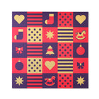 Christmas card with a checkerboard design of red, gold, and purple squares featuring festive icons like stars, hearts, musical notes, ornaments, and a rocking horse.