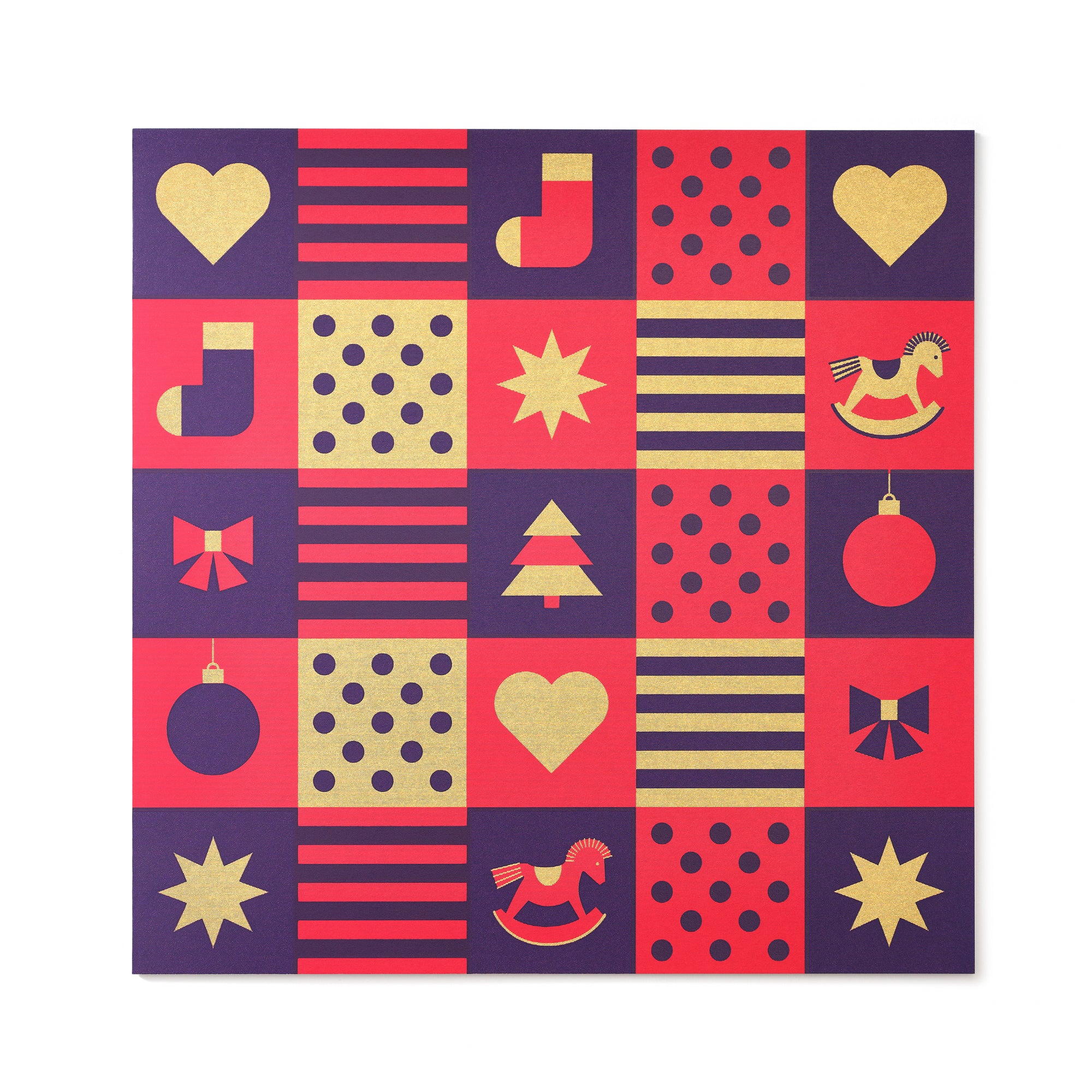 Christmas card with a checkerboard design of red, gold, and purple squares featuring festive icons like stars, hearts, musical notes, ornaments, and a rocking horse.