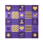 Christmas card decorated with a purple and gold checkerboard pattern showing Christmas motifs such as hearts, stars, ornaments, and a rocking horse.