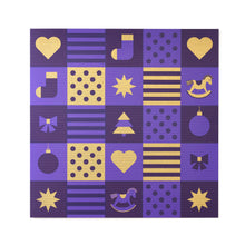 Christmas card decorated with a purple and gold checkerboard pattern showing Christmas motifs such as hearts, stars, ornaments, and a rocking horse.