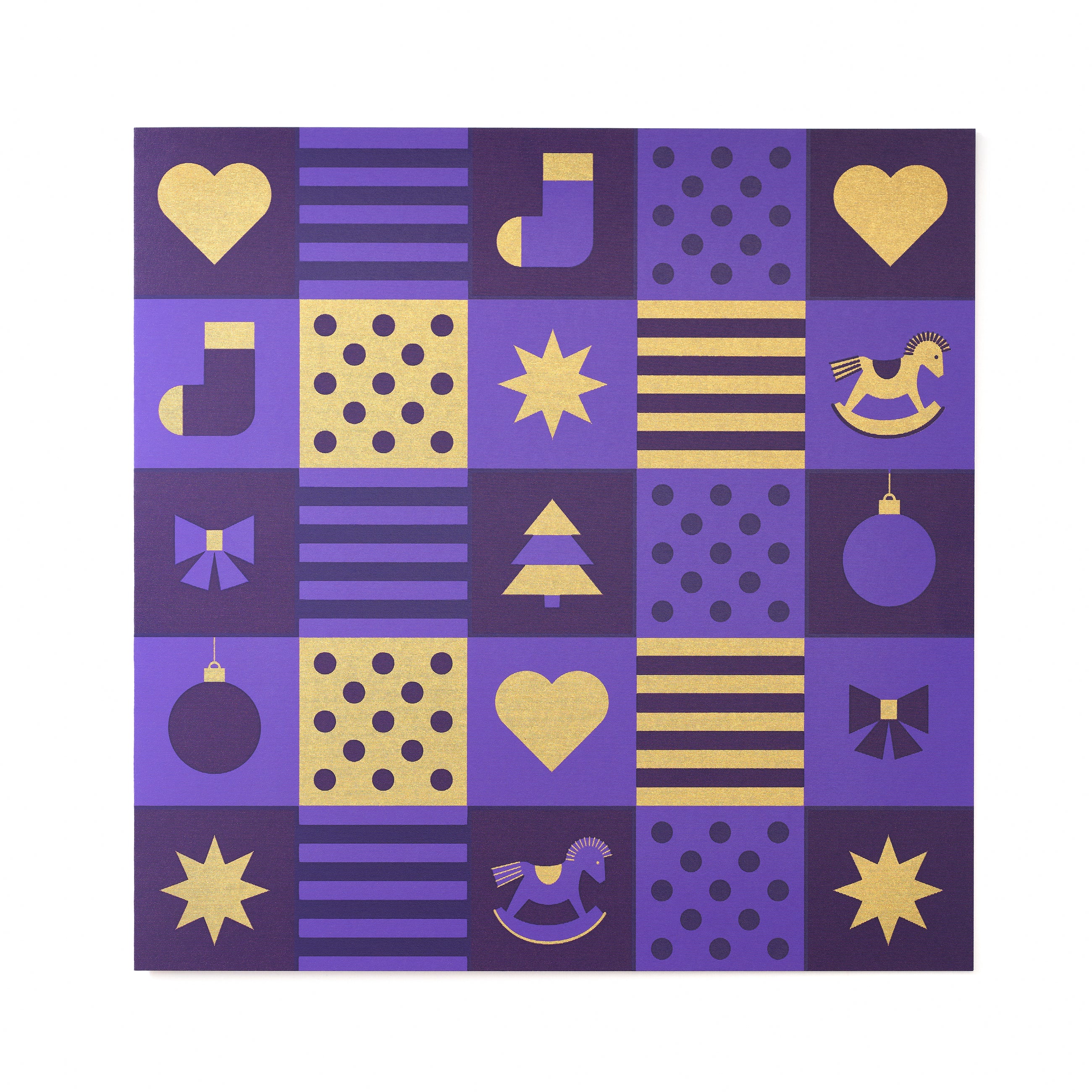 Christmas card decorated with a purple and gold checkerboard pattern showing Christmas motifs such as hearts, stars, ornaments, and a rocking horse.