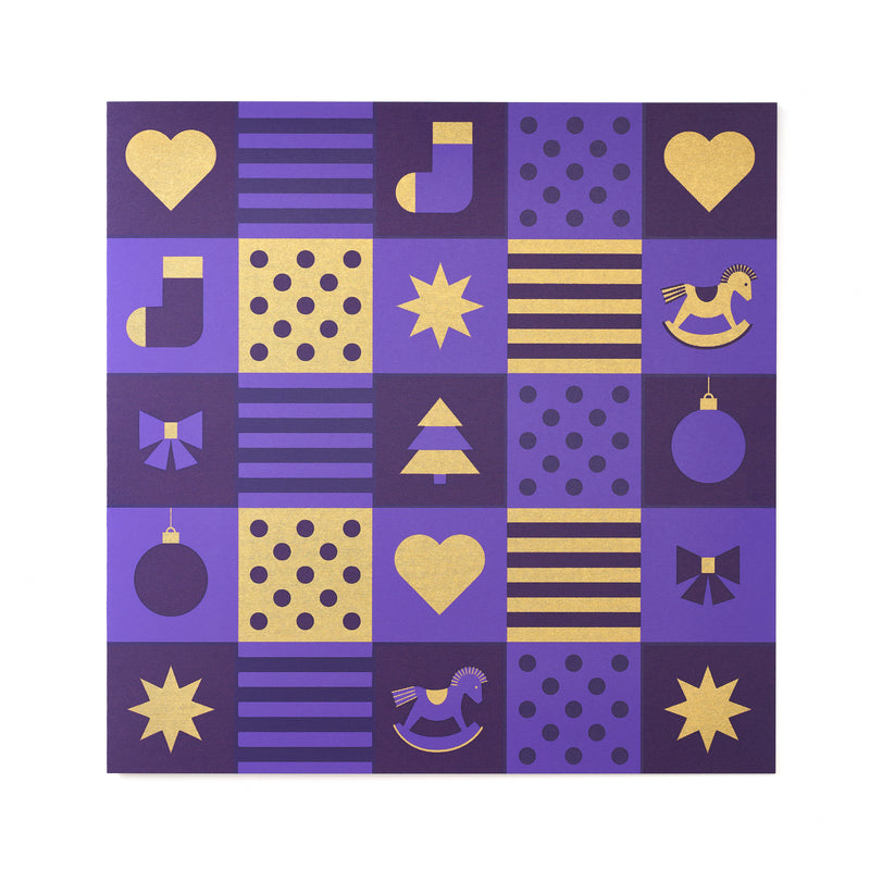 Christmas card decorated with a purple and gold checkerboard pattern showing Christmas motifs such as hearts, stars, ornaments, and a rocking horse.
