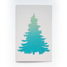White Christmas card featuring a large stylized Christmas tree in shimmering blue foil.