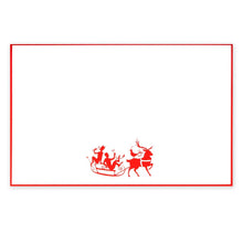 White Christmas card with red border, featuring a playful illustration of two reindeer pulling a sleigh with characters raising glasses.