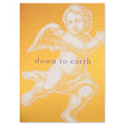 Elegant Christmas card with a shimmering gold-orange background, featuring a large pop-art-style white angel illustration and the text “down to earth.”