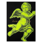 Christmas card with a bold neon yellow angel illustration on a black background, accompanied by the text 'down to earth'.
