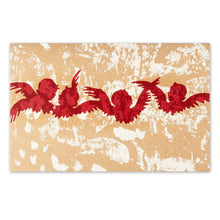 A Christmas card with red silhouettes of flying angels on a rustic golden textured background.