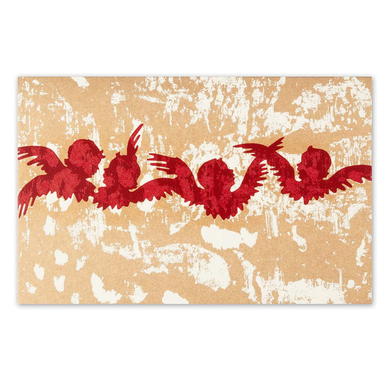A Christmas card with red silhouettes of flying angels on a rustic golden textured background.