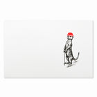 White Christmas card with a black illustration of a meerkat standing upright and holding a cane, wearing a red festive bowler hat.