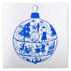 White Christmas card featuring a large blue ornament illustration with angels, reindeer, trees, and holiday motifs.