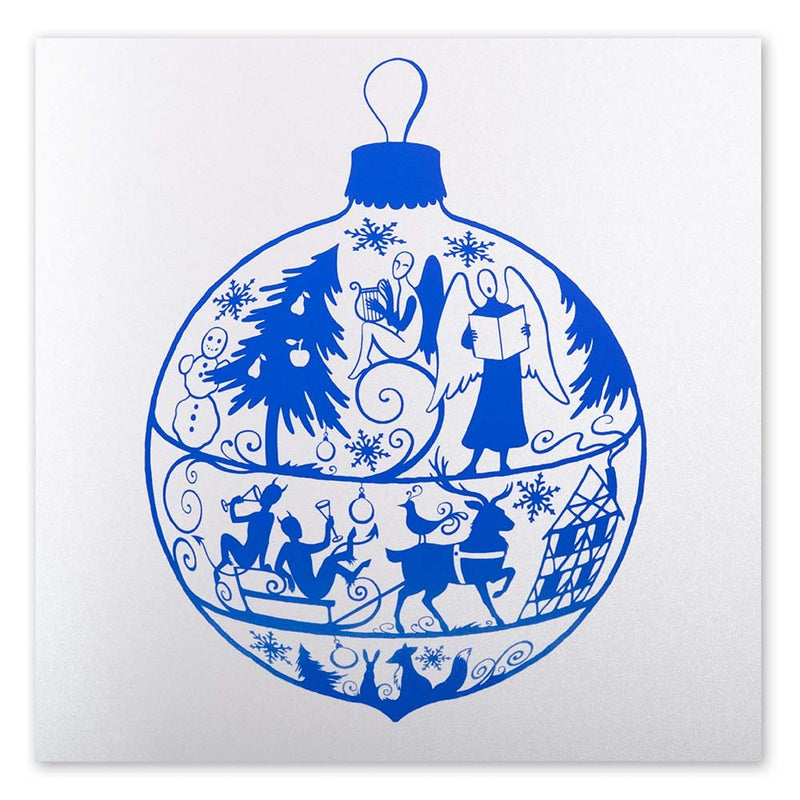White Christmas card featuring a large blue ornament illustration with angels, reindeer, trees, and holiday motifs.