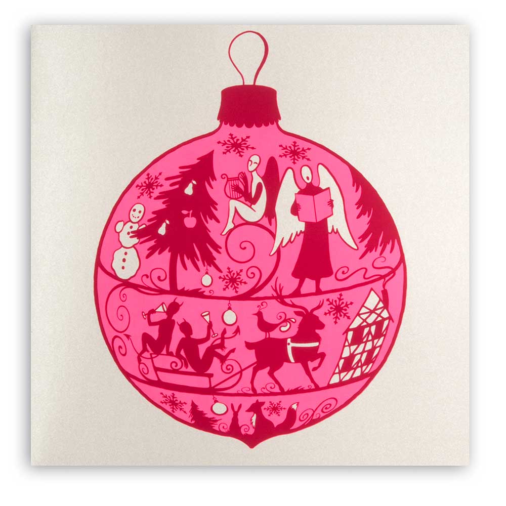 Christmas card with a bright pink ornament illustration filled with silhouettes of festive figures, animals, and decorations.