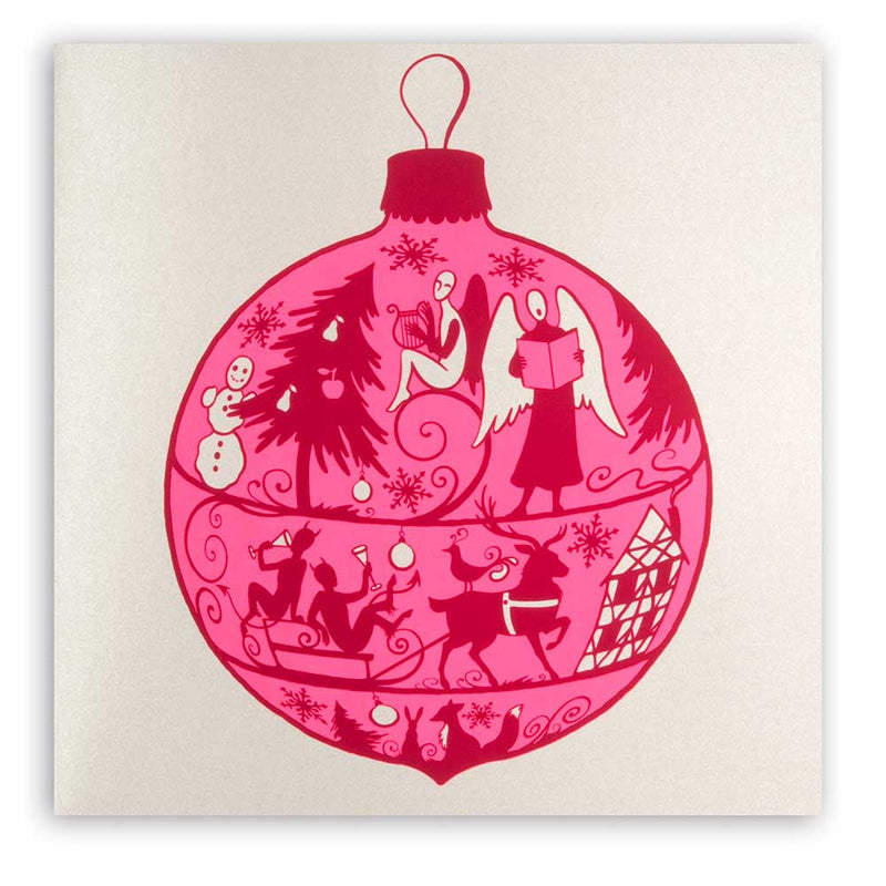Christmas card with a bright pink ornament illustration filled with silhouettes of festive figures, animals, and decorations.