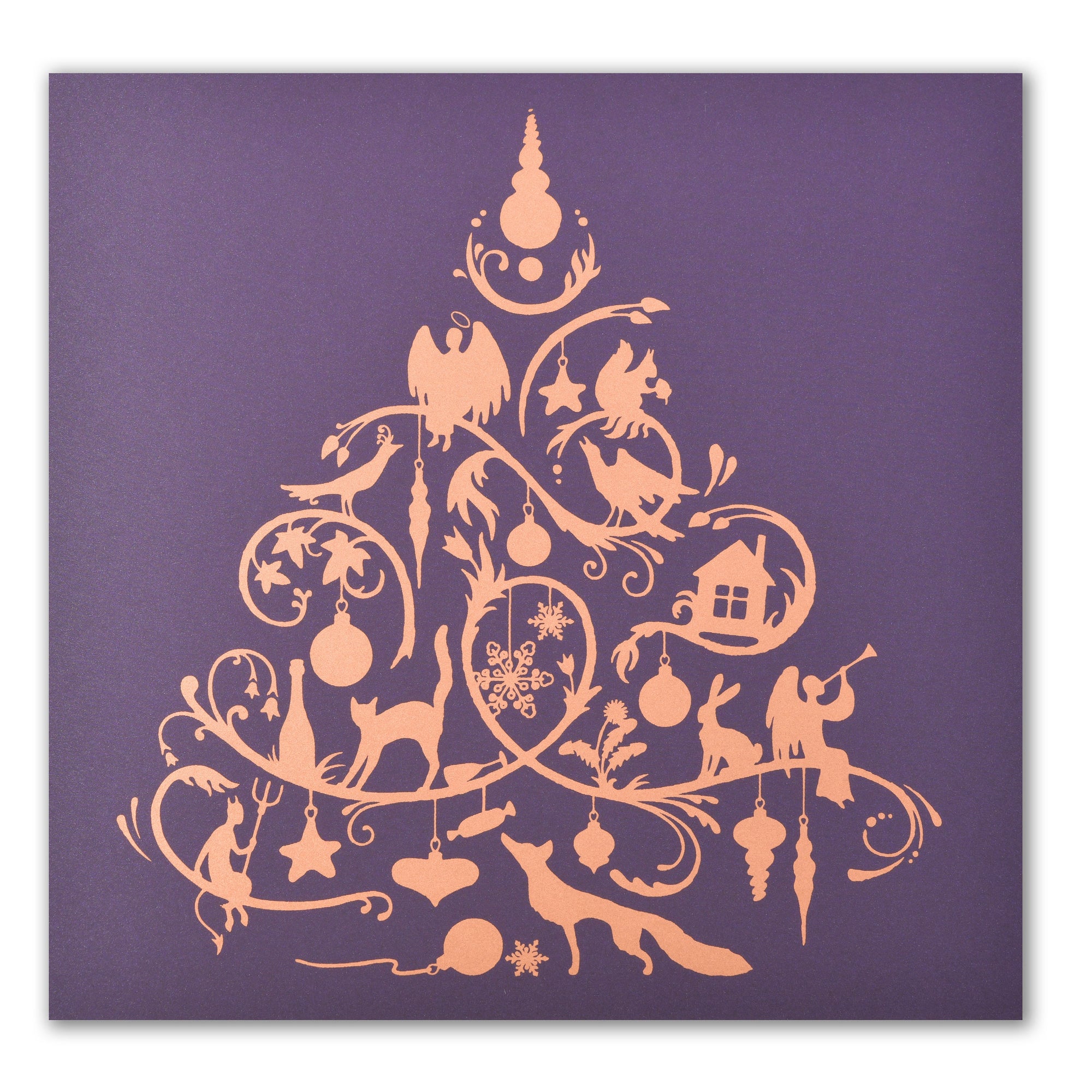 Purple Christmas card decorated with an ornate golden silhouette of a Christmas tree composed of animals, ornaments, and festive symbols.
