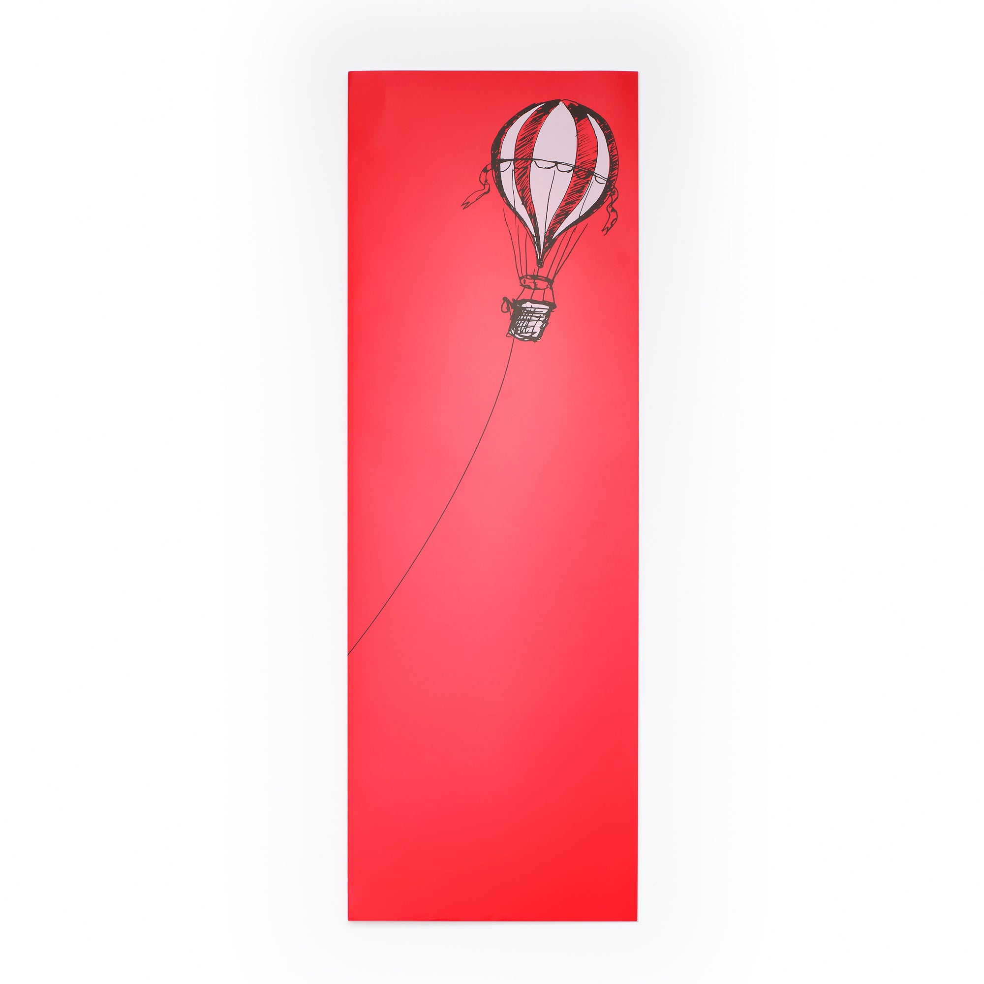 Christmas card with a bold red background, featuring a black illustration of a hot air balloon on the right, with a long rope extending left.