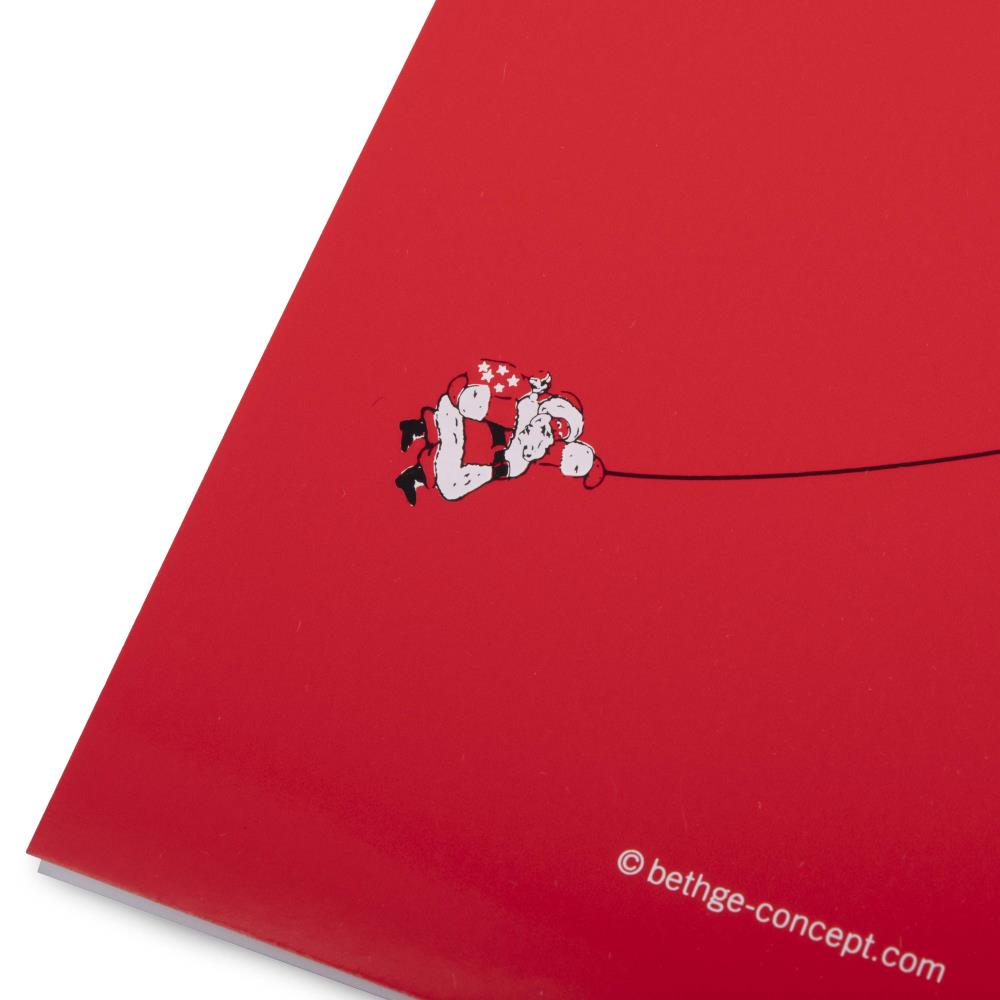 Close-up of a red Christmas card featuring a small illustration of two Santas in red suits holding onto a rope, part of a hot air balloon design, with “bethge-concept.com” printed in the corner.