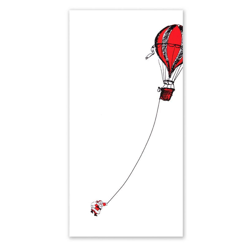 Minimalist Christmas card with a white background featuring an illustration of a red hot air balloon pulling Santa Claus hanging from a rope.