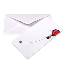 Minimalist Christmas card with a white background featuring an illustration of a red hot air balloon pulling Santa Claus hanging from a rope. Comes with a matching white envelope.