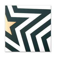 Christmas card featuring a bold zigzag pattern in dark green and white with a golden star forming a stylized Christmas tree.