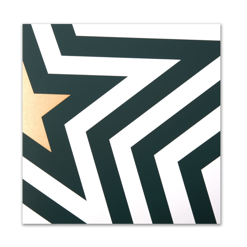 Christmas card featuring a bold zigzag pattern in dark green and white with a golden star forming a stylized Christmas tree.