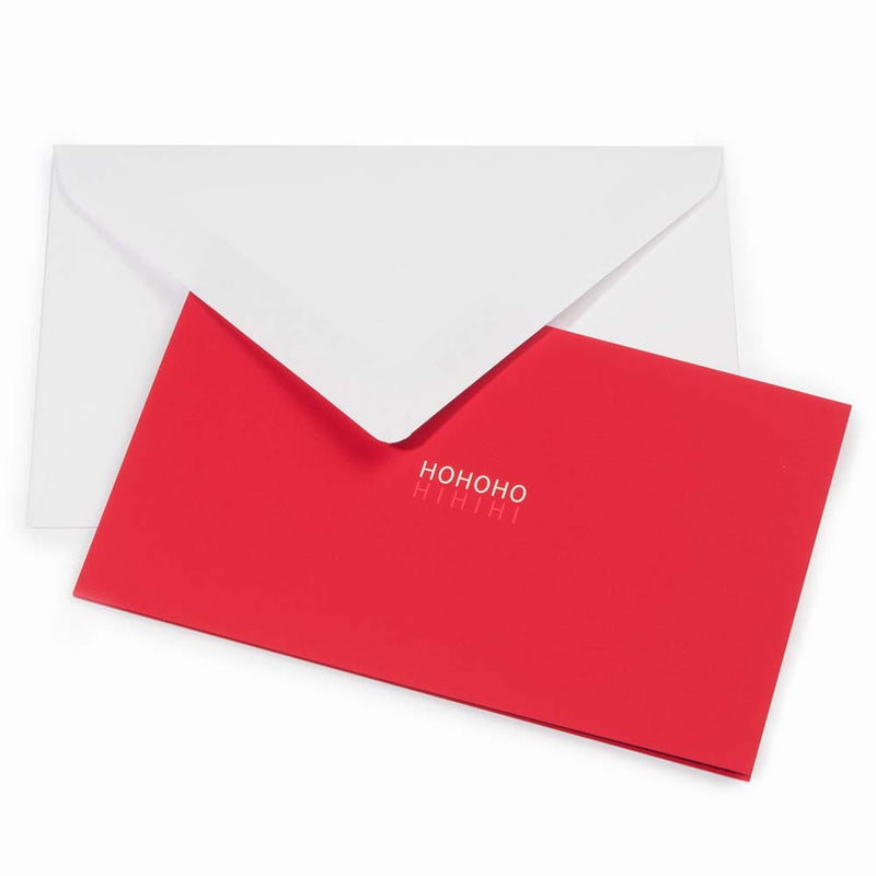 Bright red Christmas card with the text 'HO HO HO HI HI HI' in metallic white lettering, paired with a simple white envelope.