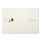 Whimsical cream Christmas card with two cartoon bees flying on the left and the text 'hurry up, it’s Christmas!' on the right.