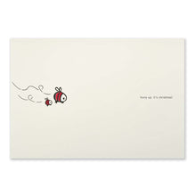 Whimsical cream Christmas card with two cartoon bees flying on the left and the text 'hurry up, it’s Christmas!' on the right.