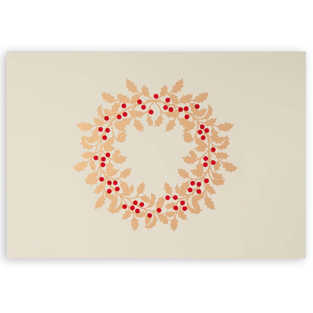 Beige Christmas card adorned with a golden holly wreath and red berries.