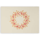 Beige Christmas card adorned with a golden holly wreath and red berries.