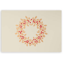 Beige Christmas card adorned with a golden holly wreath and red berries.