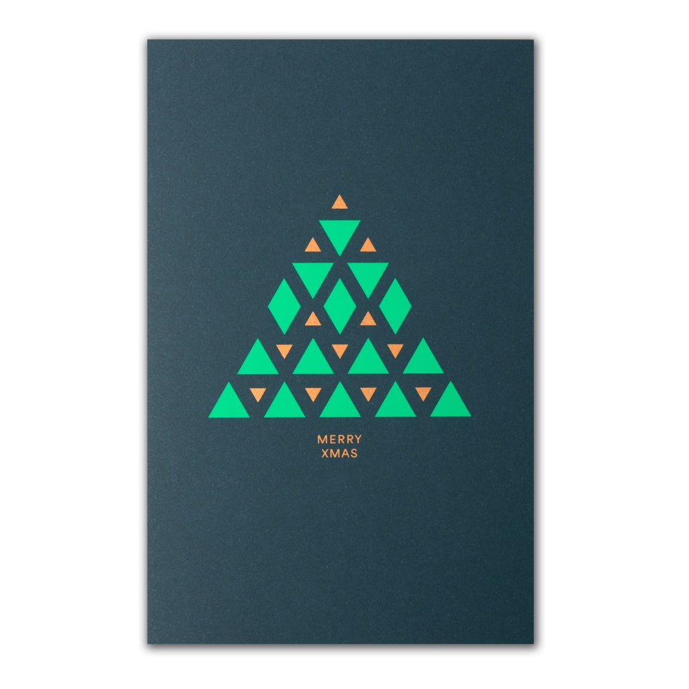 Modern dark green Christmas card with a geometric Christmas tree design made of green and gold triangles, reading "Merry Xmas" in gold.