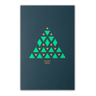 Modern dark green Christmas card with a geometric Christmas tree design made of green and gold triangles, reading "Merry Xmas" in gold.