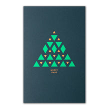 Modern dark green Christmas card with a geometric Christmas tree design made of green and gold triangles, reading "Merry Xmas" in gold.