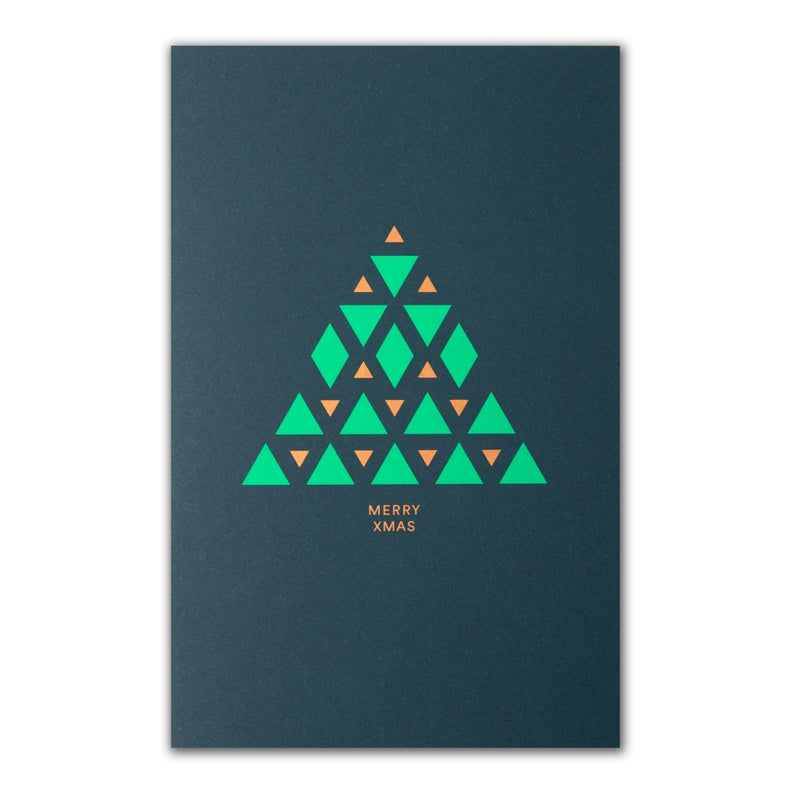 Modern dark green Christmas card with a geometric Christmas tree design made of green and gold triangles, reading "Merry Xmas" in gold.