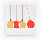 Minimalist Christmas card with four hanging ornaments in red and gold on a white textured background.