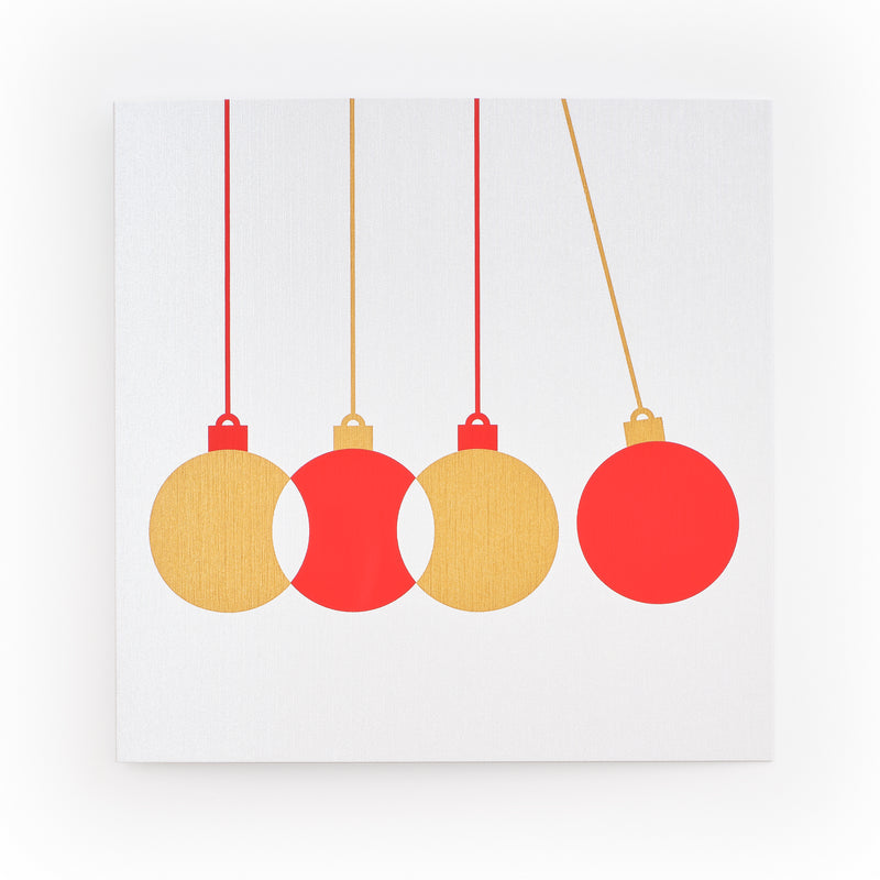 Minimalist Christmas card with four hanging ornaments in red and gold on a white textured background.