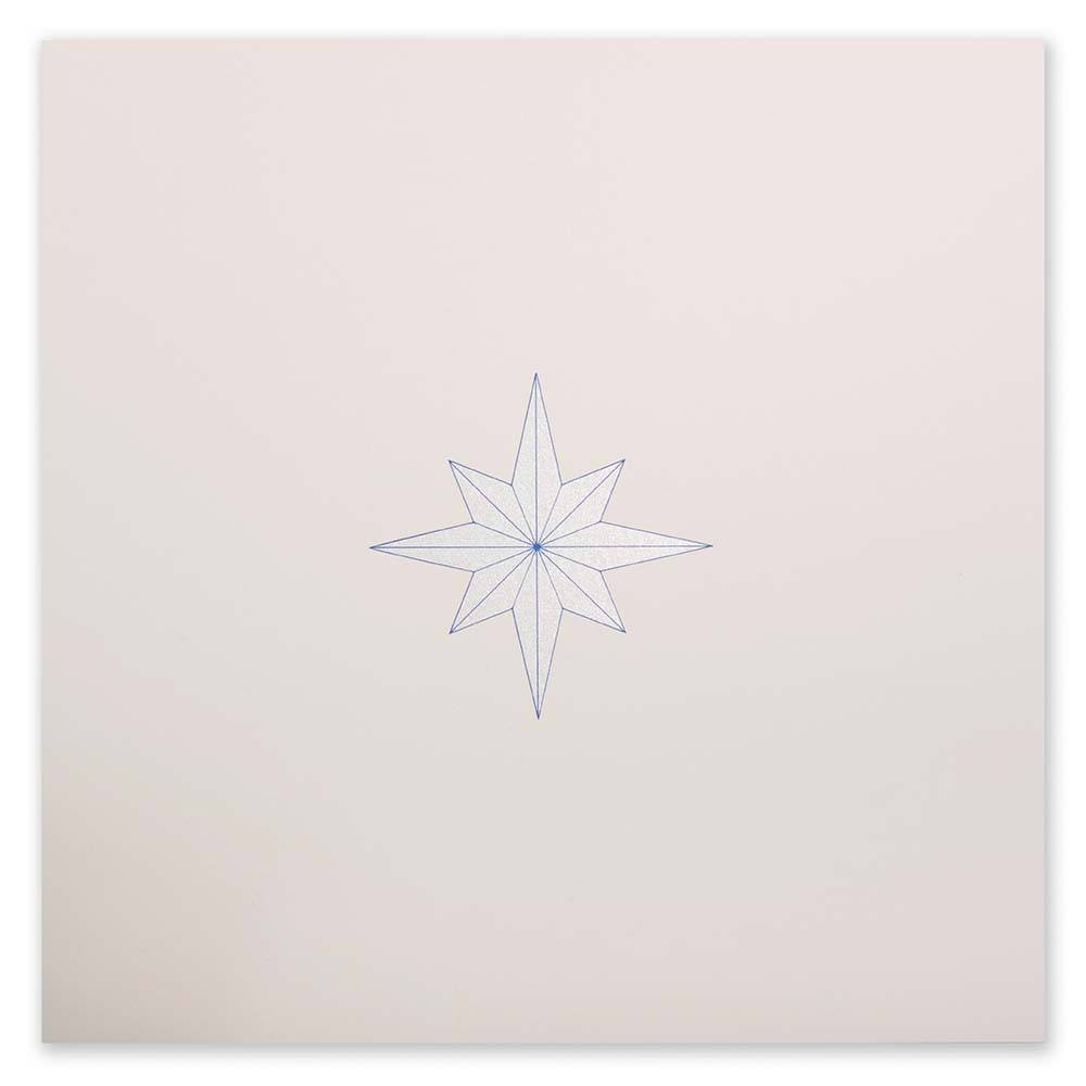 A minimalist Christmas card featuring a fine-lined blue star on a sandy beige background.