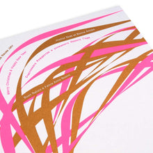 A close-up of a bright and abstract design with neon pink and gold lametta-style ribbons across the card, with text that reads "Merry Christmas & Happy New Year" in various languages.