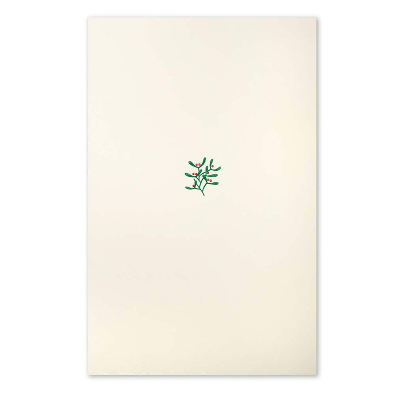 A cream-colored Christmas card with a small mistletoe sprig of green leaves and red berries in the center.