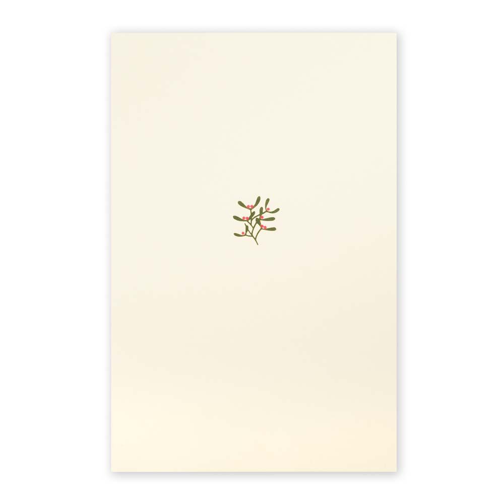 A cream-colored Christmas card with a small mistletoe sprig of olive leaves and pink berries in the center.