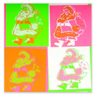Pop Art style card with Santa Claus in four bold neon variations: green, pink, orange, and white.