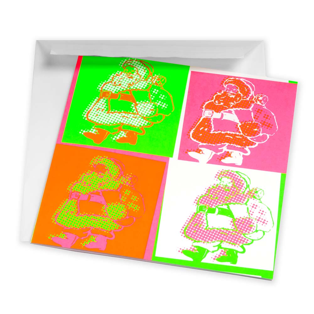 Pop Art style card with Santa Claus in four bold neon variations: green, pink, orange, and white, paired with a white envelope.
